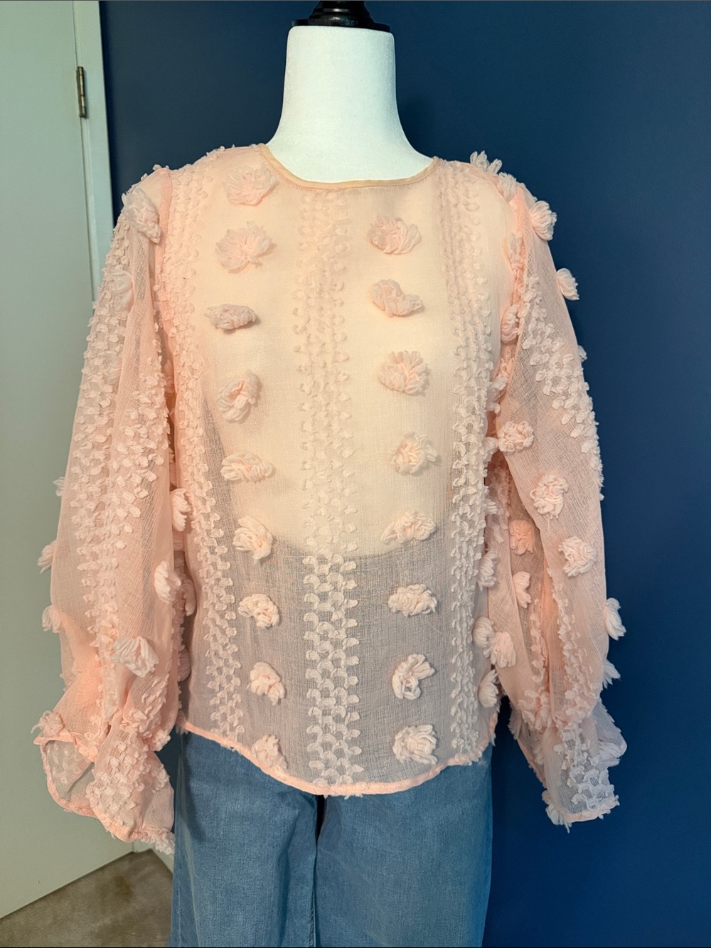 Women's Pink Textured Pom-Pom Blouse